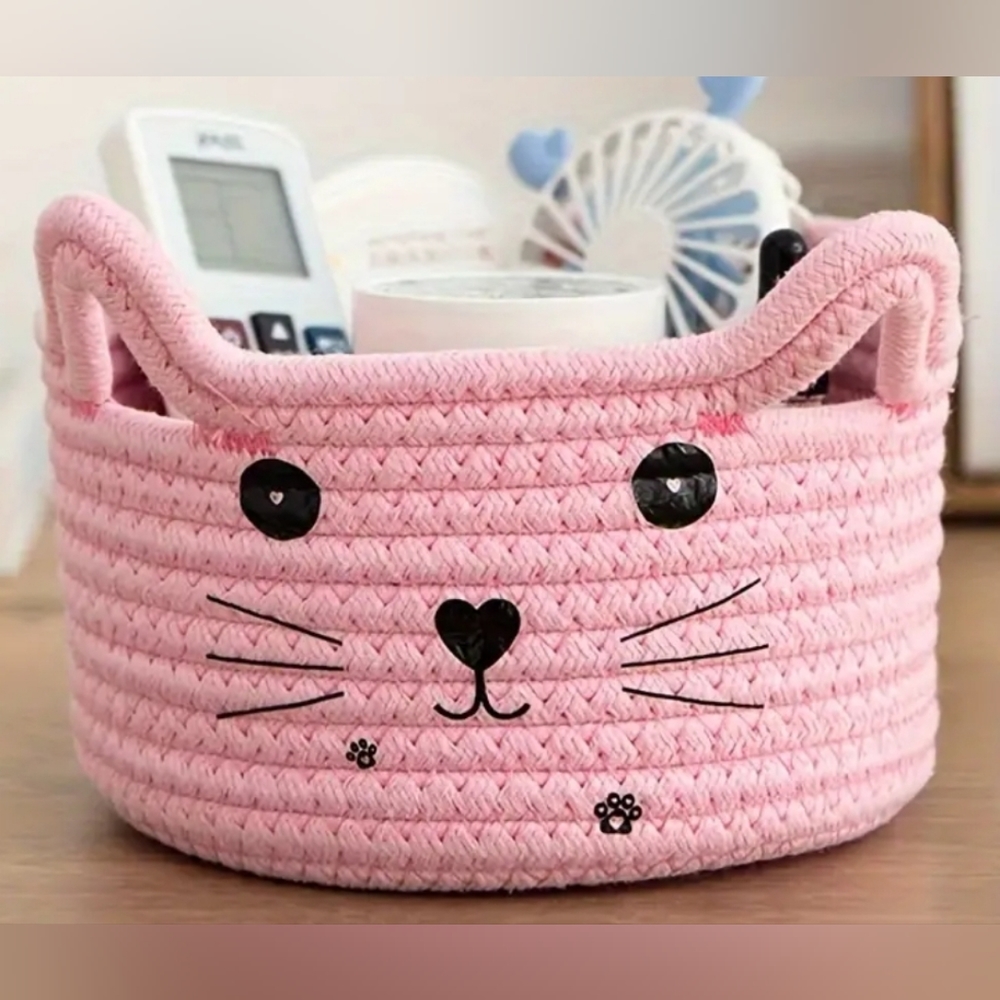 Cat Face Woven Cotton Fabric Storage Basket